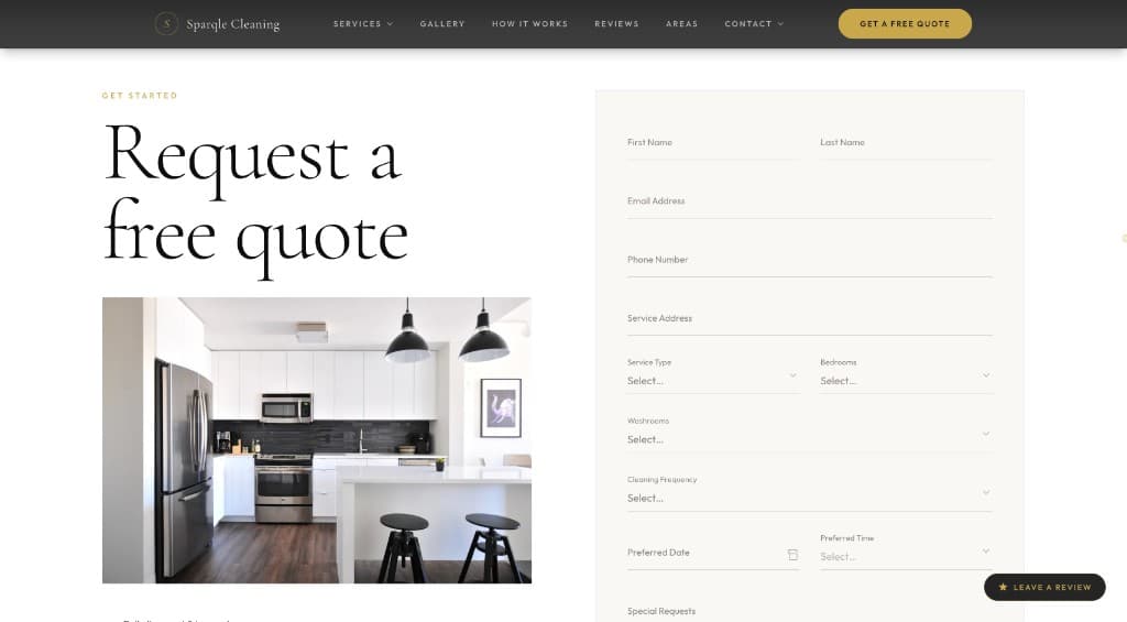 Request-a-quote form from a Truehold cleaning website example